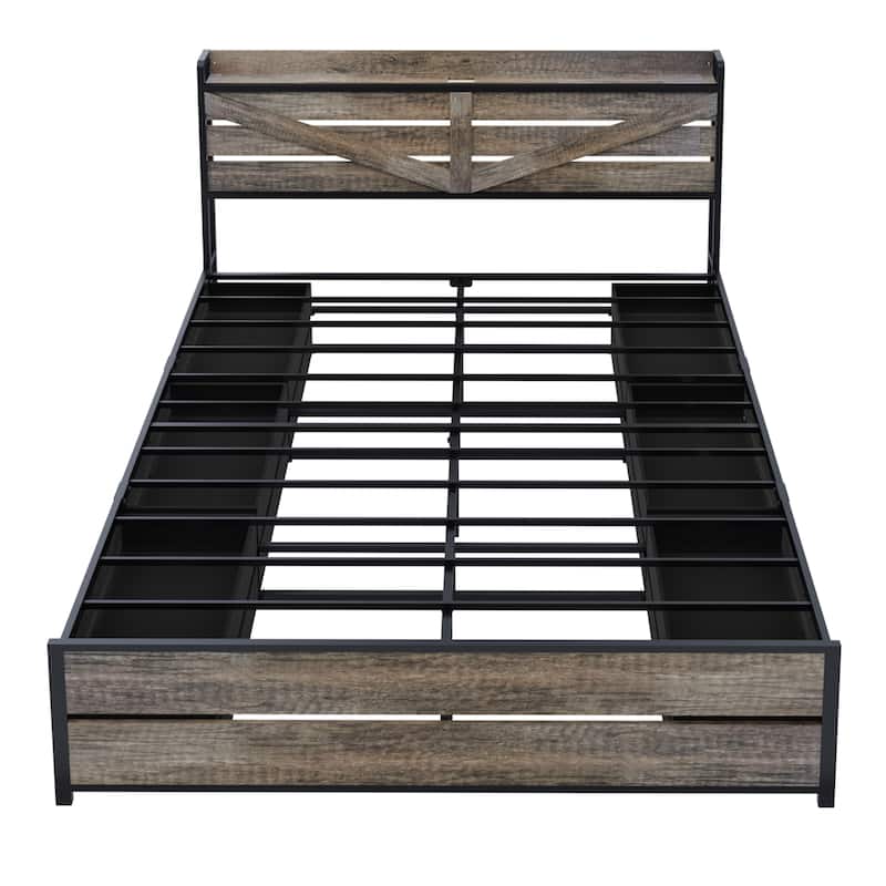 Retro Storage Bed with 12 Storage Drawers and Panel Headboard Built-in Charging Station, Metal Slats Support Platform Bed Frame
