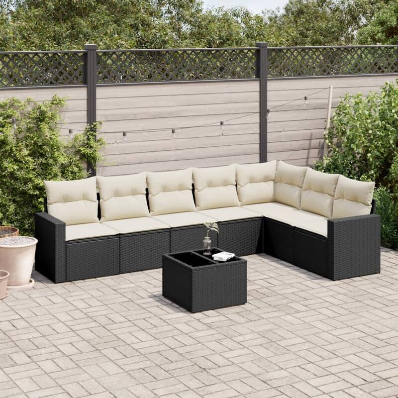 vidaXL Garden Sofa Set 8 Piece with Cushions Outdoor Sofa Set Poly Rattan - Black and Cream - 24.4 x 25.8 x 27.2 in. (W x L x H)