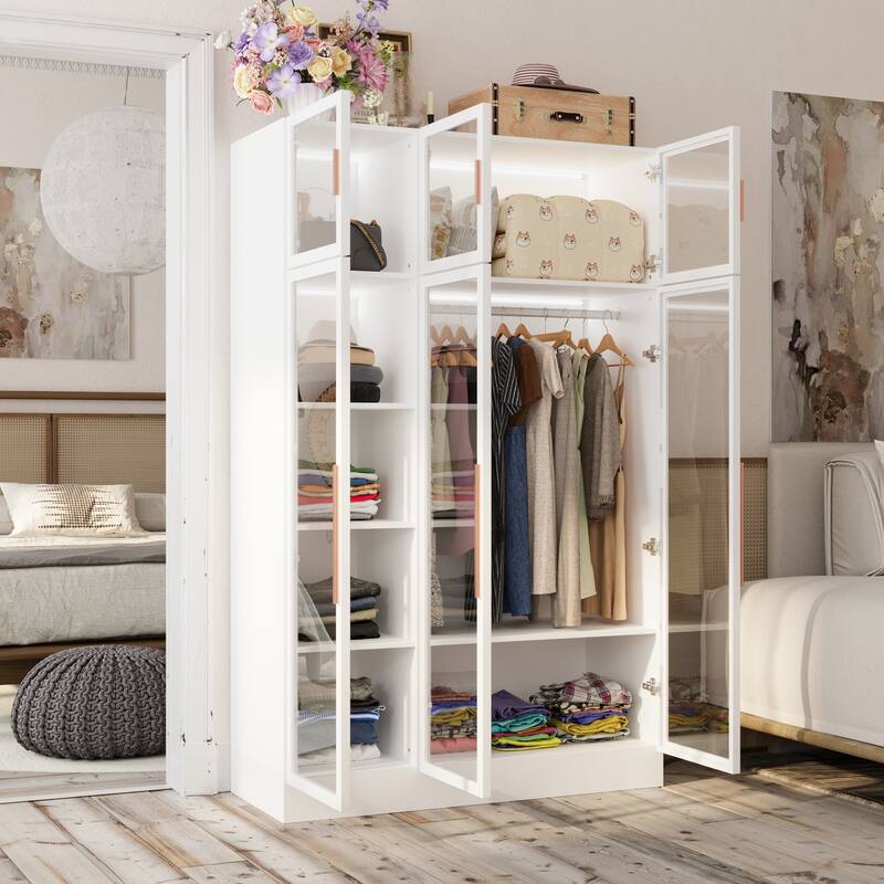 Wardrobe Armoire Wooden Closet with Tempered Glas Door With LED Light