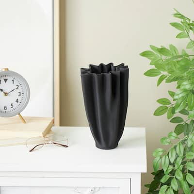 Black Ceramic Dimensional Ribbed Tulip Abstract Vase with Angular Rim