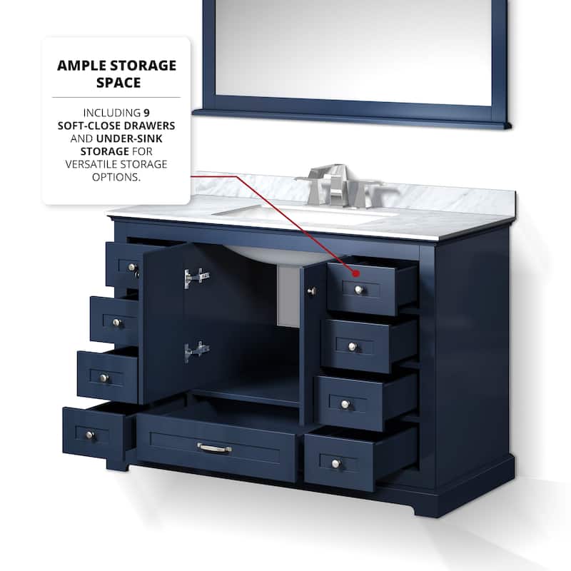 Dukes 48 in. W x 22 in. D Navy Blue Single Bath Vanity, Carrara Marble Top, Faucet Set, and 46 in. Mirror
