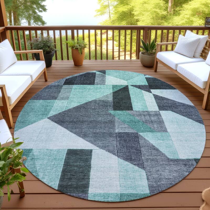 Machine Washable Indoor/ Outdoor Modern Geo Chantille Rug - Teal - 8' x 8'