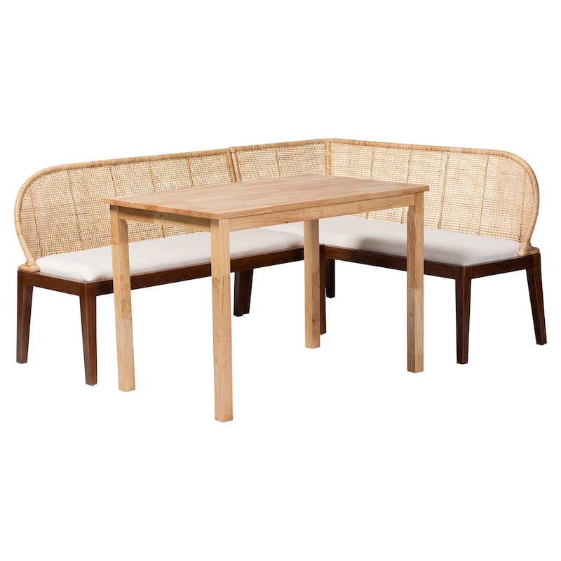 Okinawa 3-Piece Dining Nook Set - L-Shaped Rattan Corner Benches and Solid Wood Table, Boho Coastal Banquette for Dining - Light Honey, Light Brown, White, Natural Brown