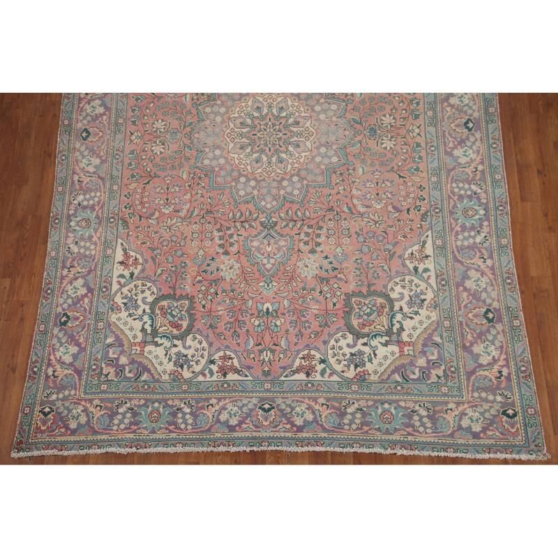 Hand Knotted Oriental 100% Wool Carpet Traditional Floral Pink Tabriz Area Rug - 9' 6'' X 6' 8''