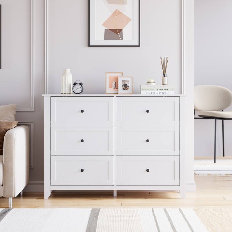 6 Drawers Cabinet,Wood Double Chest of Dresser Wide Storage Organizer