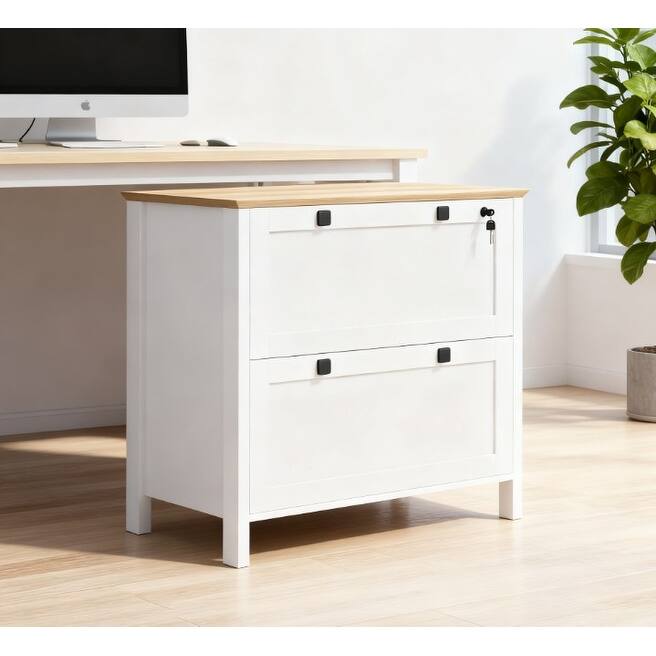 Lateral File Cabinet,Filing Cabinet with Adjustable Hanging Bar,For Home and Office - White+Oak