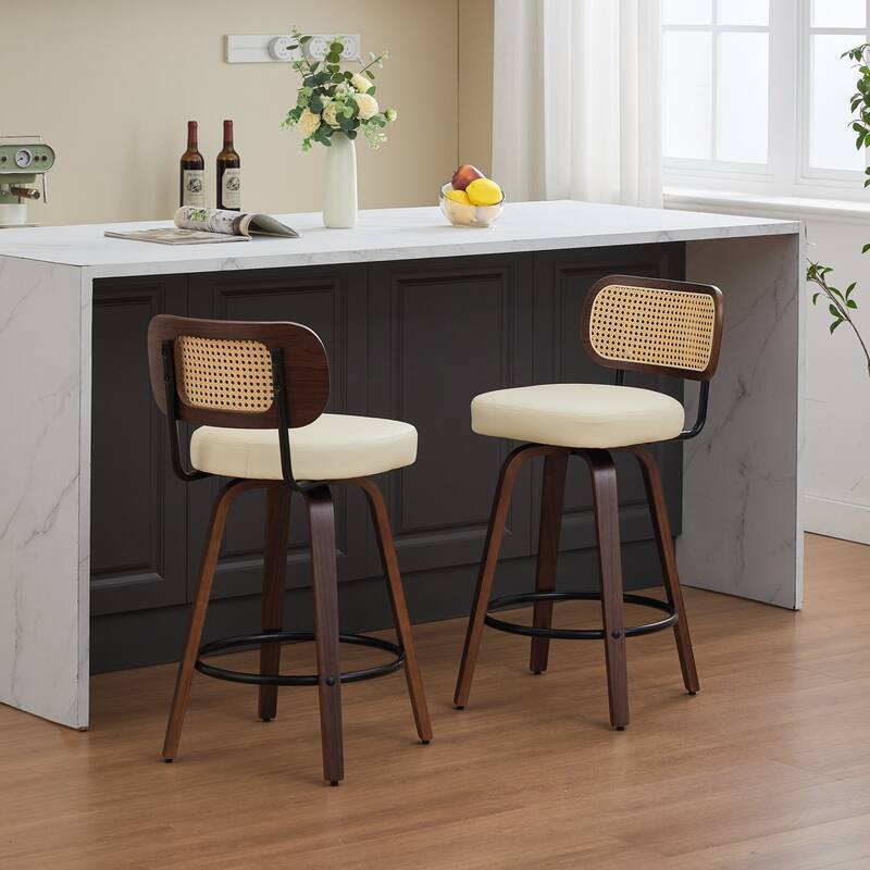 Set of 2 Counter Height Bar Stools, Swivel Counter Stools with Walnut Frame, Rattan Weave Back and PU Leather Padded Seat