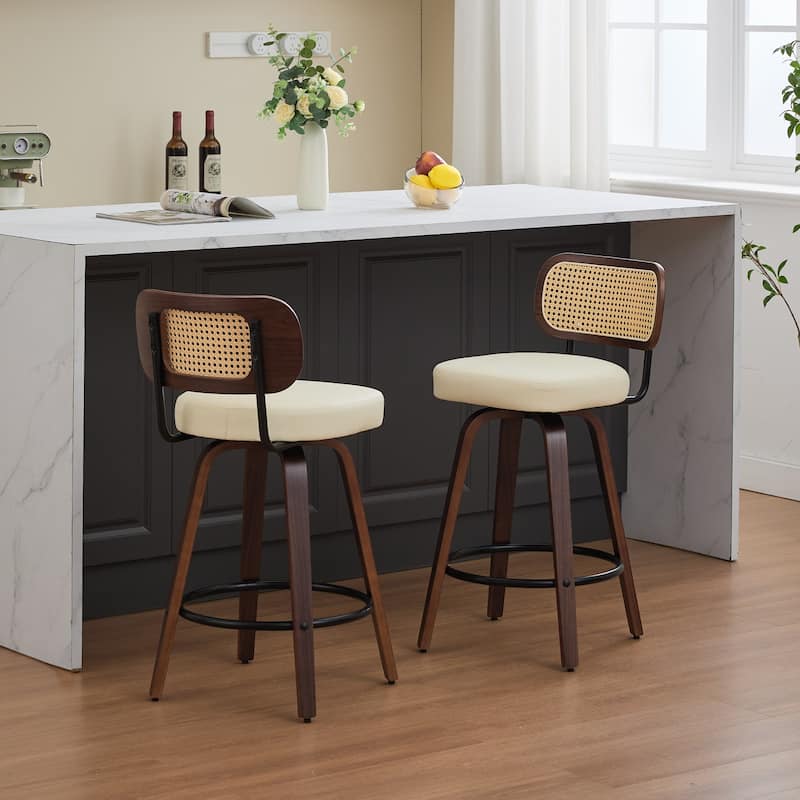 Set of 2 Counter Height Bar Stools - Rattan Counter Height Stools with Cane Back, Upholstered Seat, Swivel Counter Stools