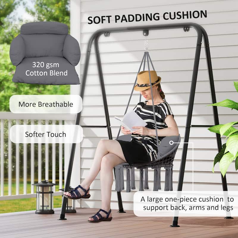 Cotton Blend Hammock Chair with Steel Frame and Comfy Cushion Fringe for Patio or Living Room - 31.5" W x 23.6" D x 15.7" H
