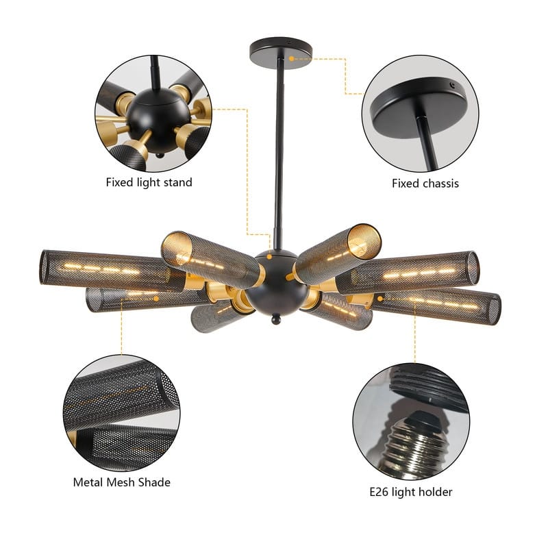 34" Contemporary Sputnik Chandelier - 8-Light with Wire Mesh Shades, Adjustable Hanging Fixture(No Bulbs).