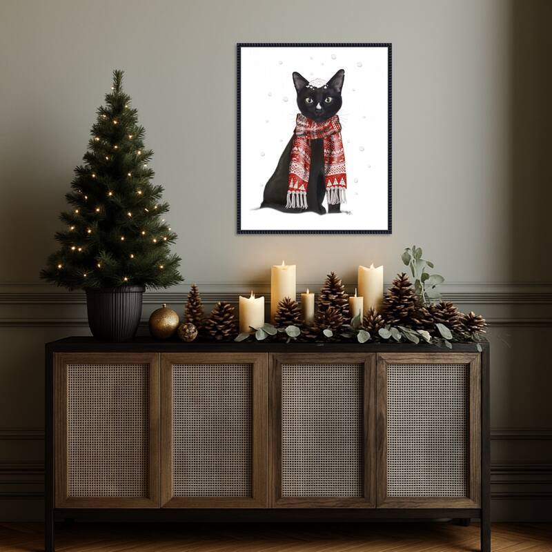 Black Cat Red Scarf by Fab Funky (23 x 28 in.), Framed Canvas Wall Art Print - Sylvie Beaded Black