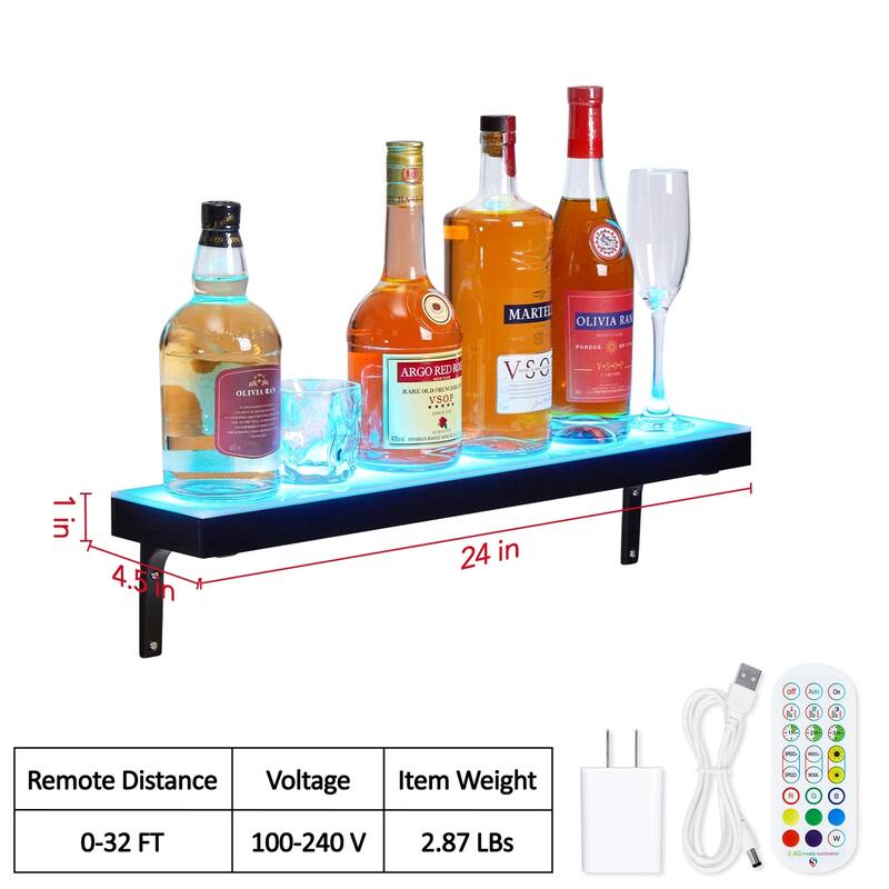 24" Wall Mounted Acrylic LED Lighted Liquor Bottle Display Shelf