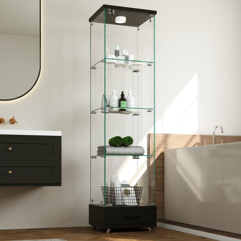 Glass Display Cabinet With Drawer,Cabinet With Led Lights,Tempered Glass Bookshelf, 1-Door Storage Case With 4 Shelves