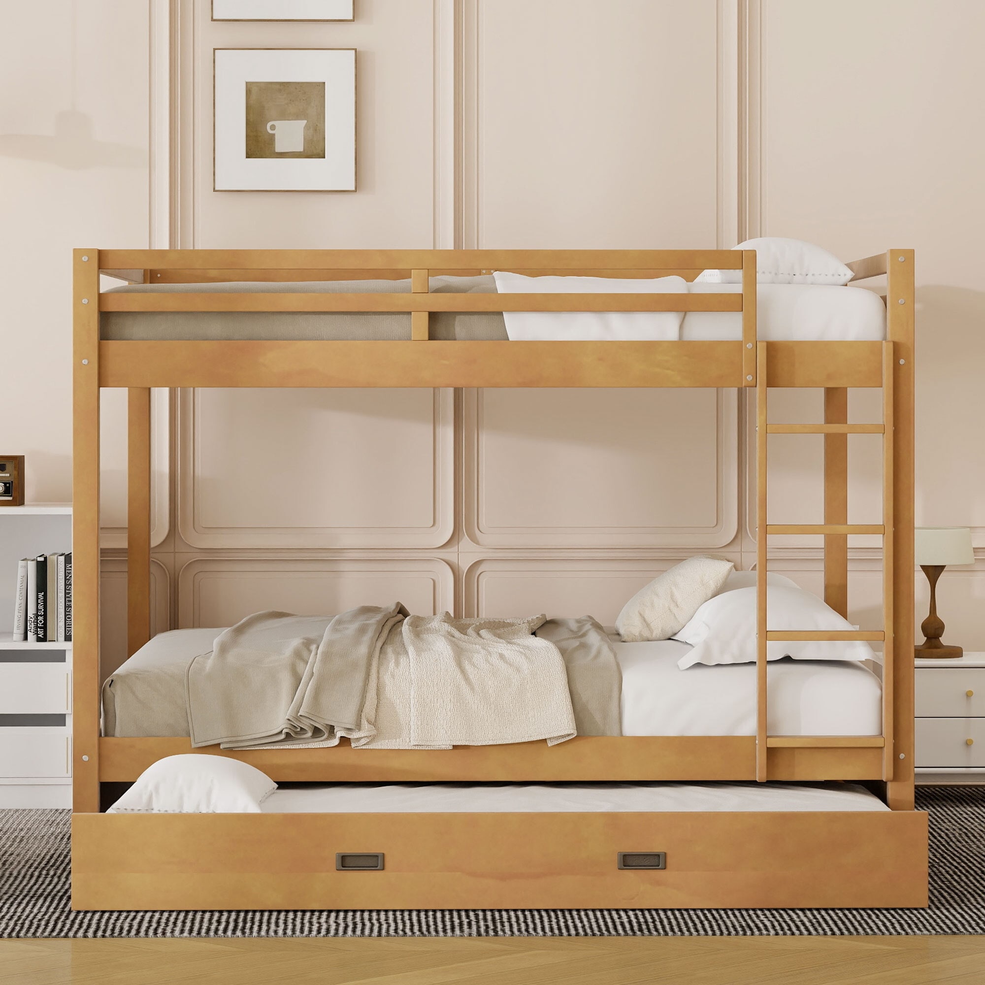 Wood Queen Size Bunk Bed with Ladder and Trundle