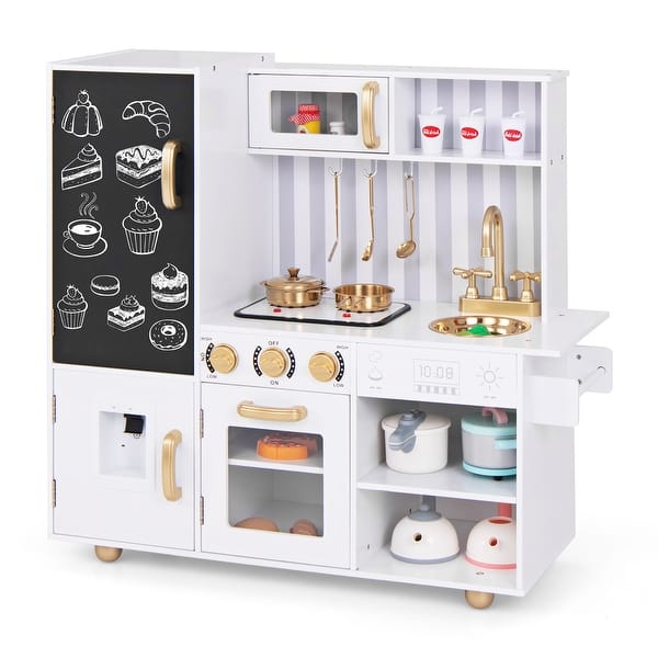 slide 2 of 10, Gymax Play Kitchen Toy Set w/ Chalkboard Oven Sink Faucet Stove Water White