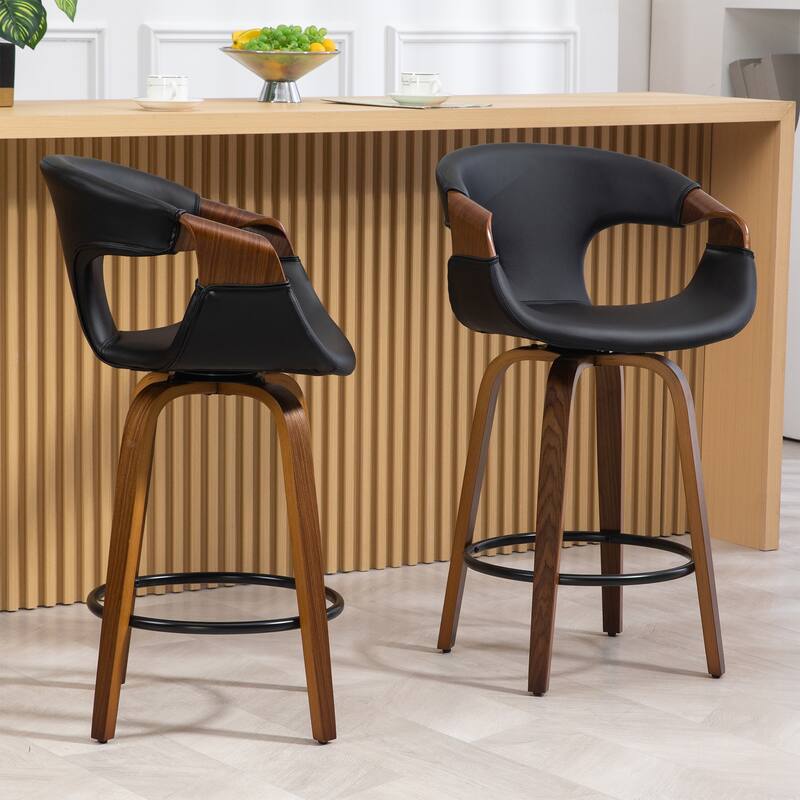 Baylor Black Faux Leather Counter Stool with Walnut Wooden Legs