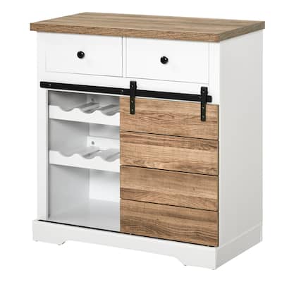 Farmhouse Coffee Bar Cabinet, Barn Door Wine Cabinet with Storage, Sideboard Buffet Cabinet with Wine Racks for Kitchen, White