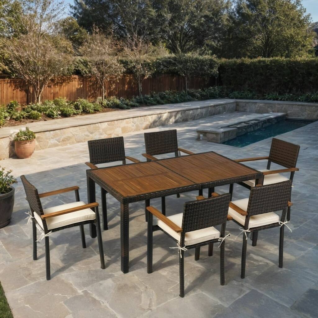 7-Piece Outdoor Patio Wicker Furniture Dining Set with Acacia Wood Top and Cream Cushion
