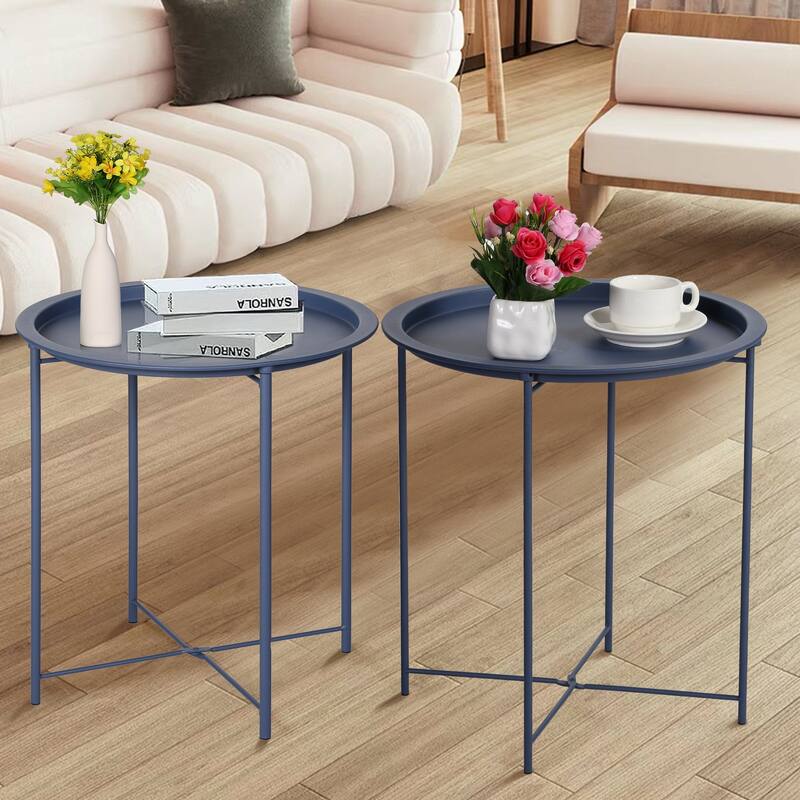VECELO Side/End Table, Folding Round Metal Anti-Rust and Waterproof Outdoor for Living Room Bedroom,Nightstands