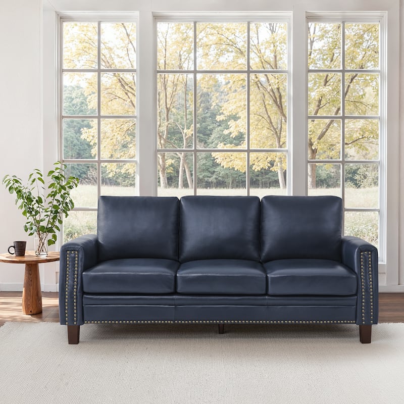 83.9" Genuine Leather Upholstered 3-Seater Sofa with Solid Wood Legs - Navy