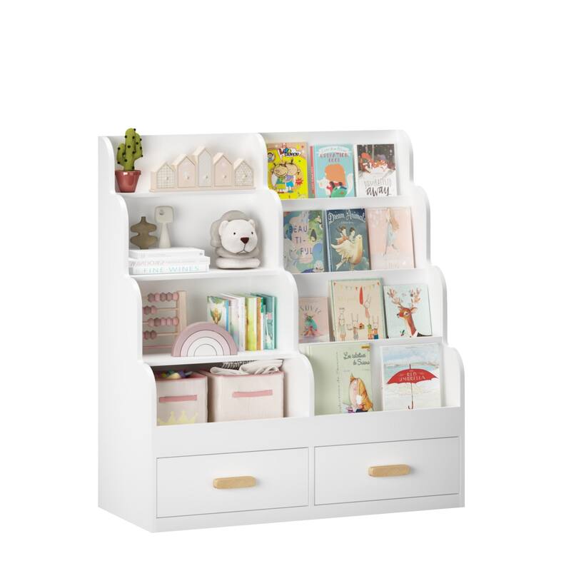 Kids Bookshelf with 2 Storage Drawers, Front-Facing Children's Bookcase and Toy Organizer, Multi-Tier Reading Shelf