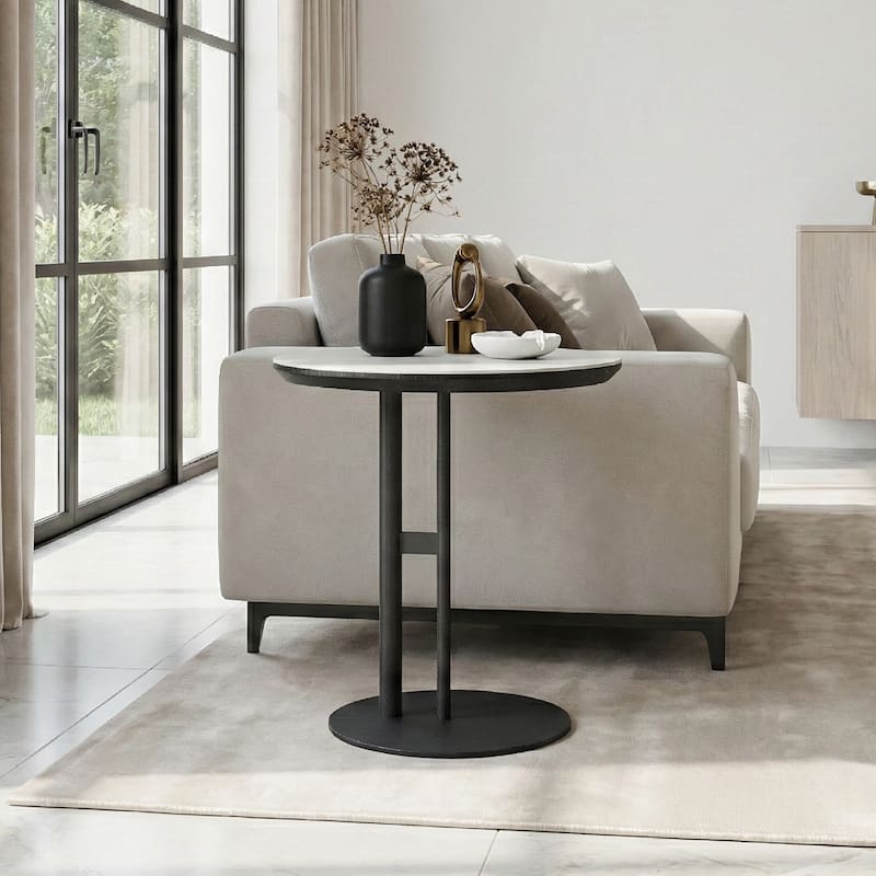 Modern Round Side Table - Gray Leather Tabletop with Black Metal Frame