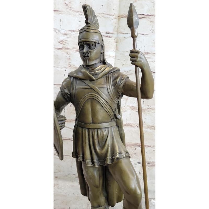 Hand Crafted Roman Warrior W/ Sword And Spear Bronze Marble Sculpture Statue