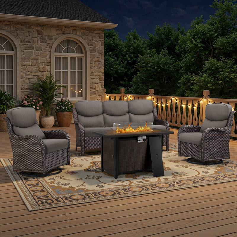 Meyreso 4-Piece Outdoor Patio Metal Fire Pit Wicker Conversation Set with 5-Inch Thick Olefin Cushions - Gray Cushions - Brown Wicker