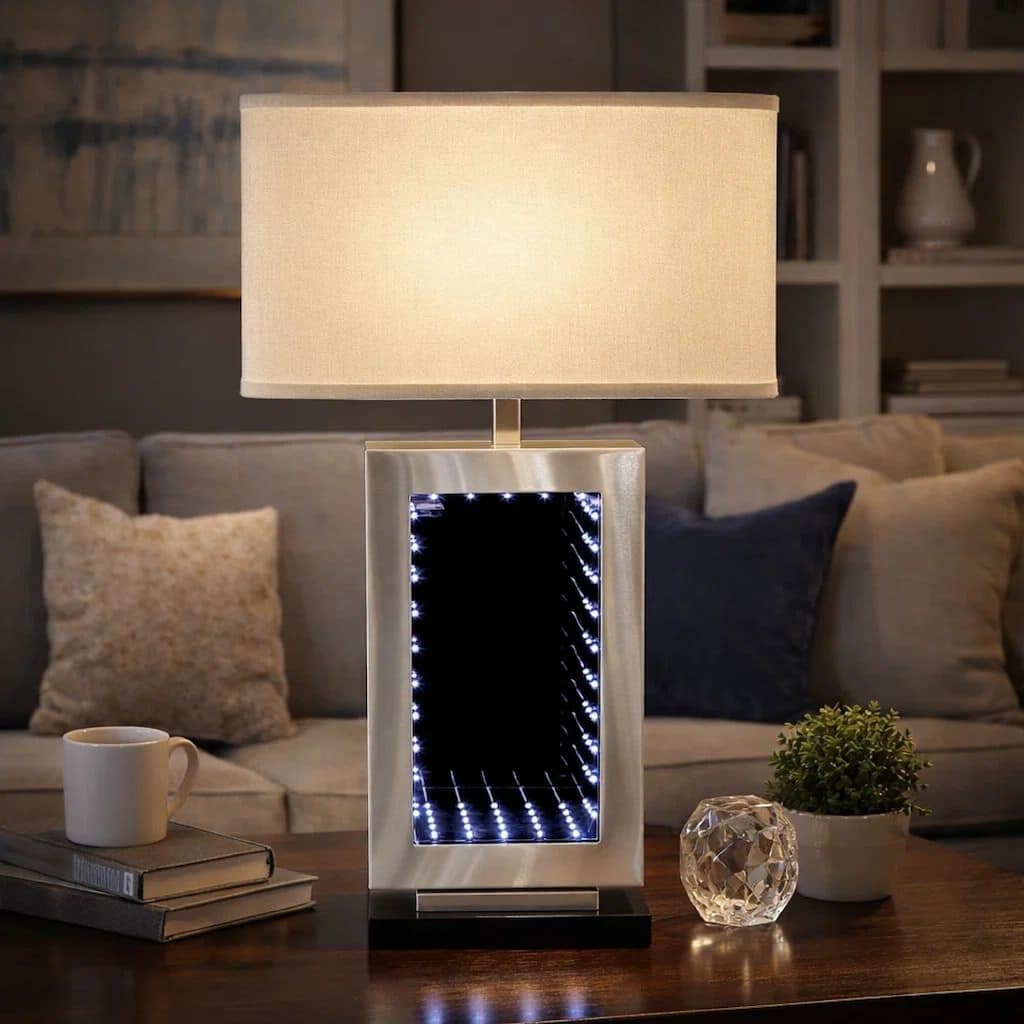 Ziva 27 Inch Table Lamp, LED Night Light, Rectangular Shade, Matte Silver