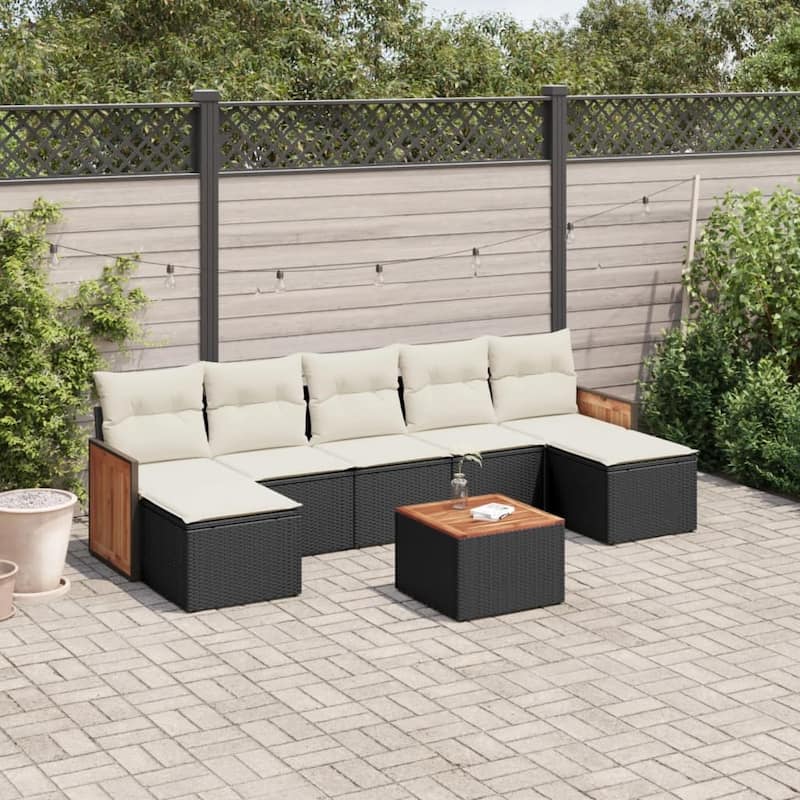 vidaXL Patio Sofa Set with Cushions Outdoor Conversation Furniture Poly Rattan - Black and Cream-With table - 21.7 x 24.4 x 27.2