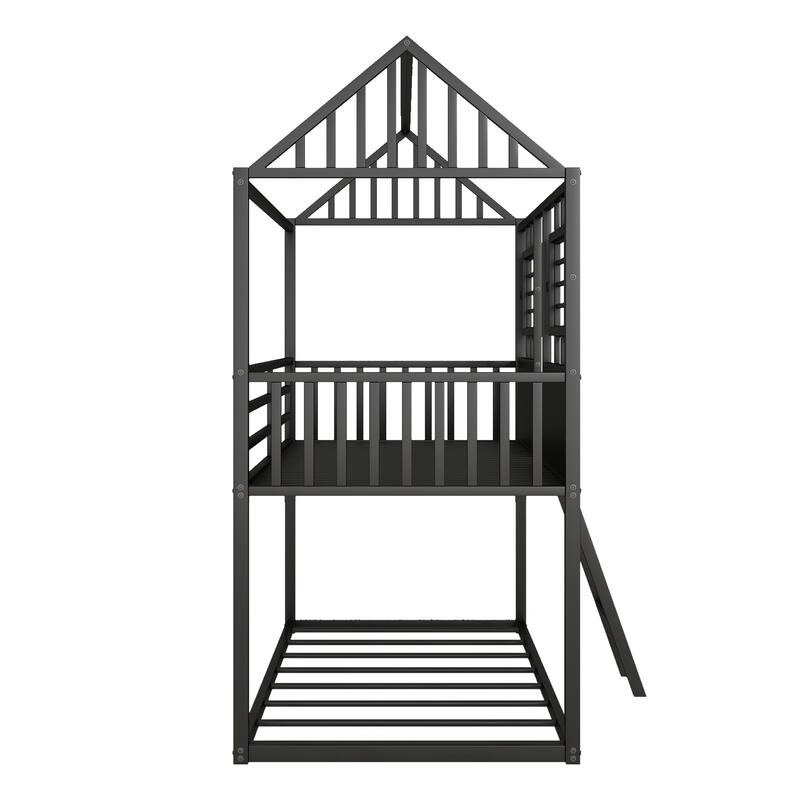Twin over Twin Size Metal Low Bunk Bed with Roof and Guardrail Bed Bath & Beyond 37830794
