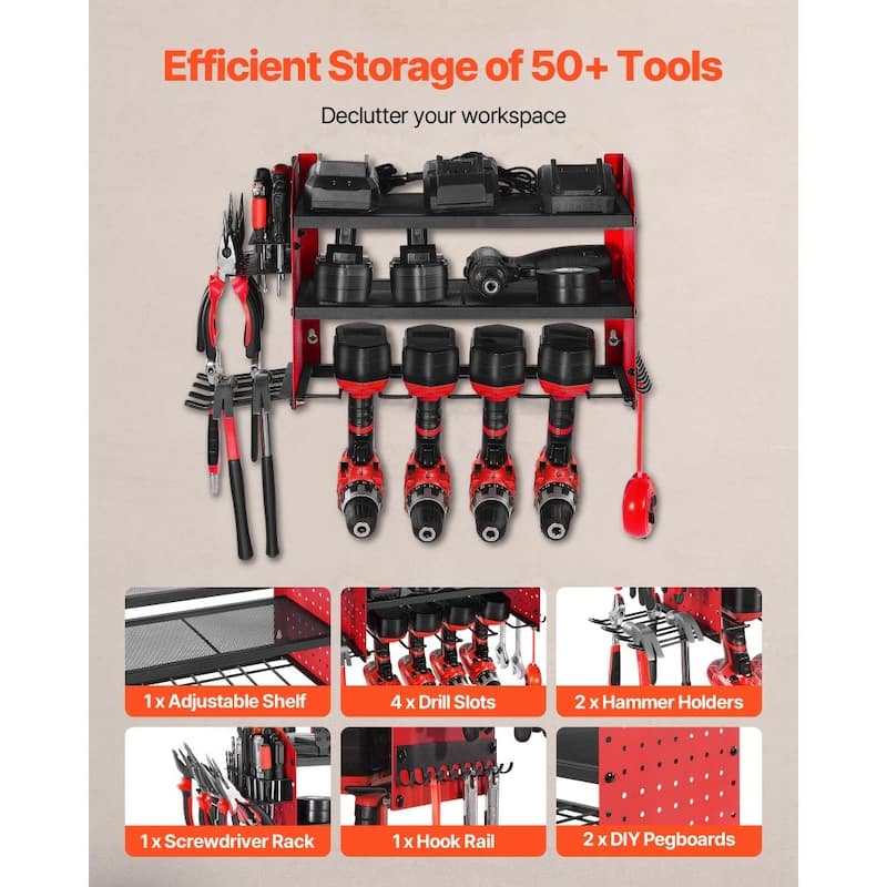 3-Tier Wall Mounted Power Tool Rack with Adjustable Shelf and 4 Drill Slots Pegboard Hooks - 23.31” x 8.66” x 12.01”