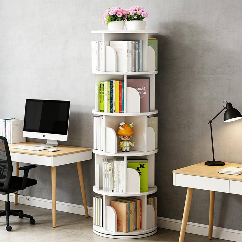 Rotating Bookshelf, 360 Display 5 Tier, Floor Standing Bookcase Storage Rack, Wood Narrow Book Shelf Organizer