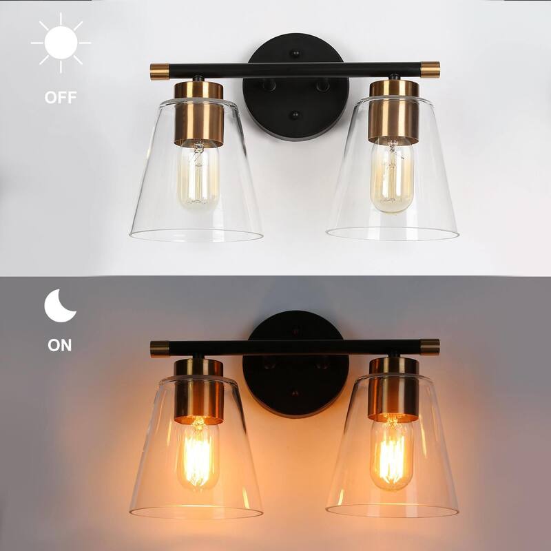 Fnly Modern Contemporary 2-light Black Gold Bathroom Vanity Light LED Dimmable Sconce with Clear Glass