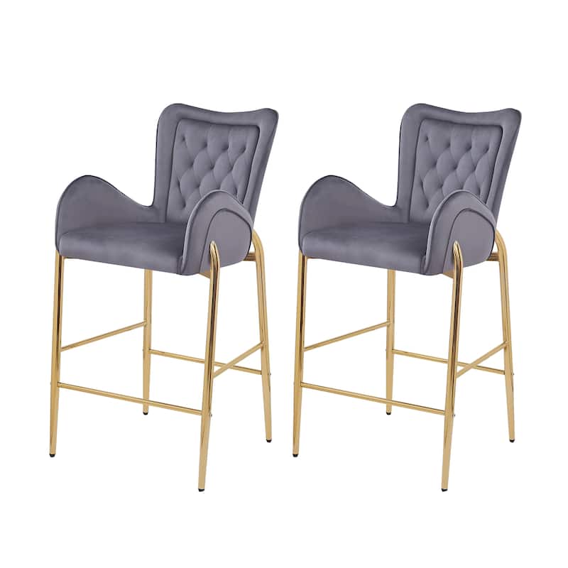 Velvet Bar Stools Set of 2, Counter Height Low Back Arm Chairs with Metal Legs, Kitchen Island Stools with Footrests