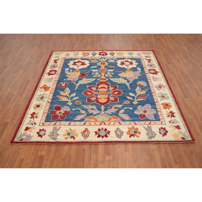 Hand Knotted Oriental 100% Wool Carpet Transitional Floral Navy Blue & Blues Oushak Area Rug - 7' 11'' X 8' 0''