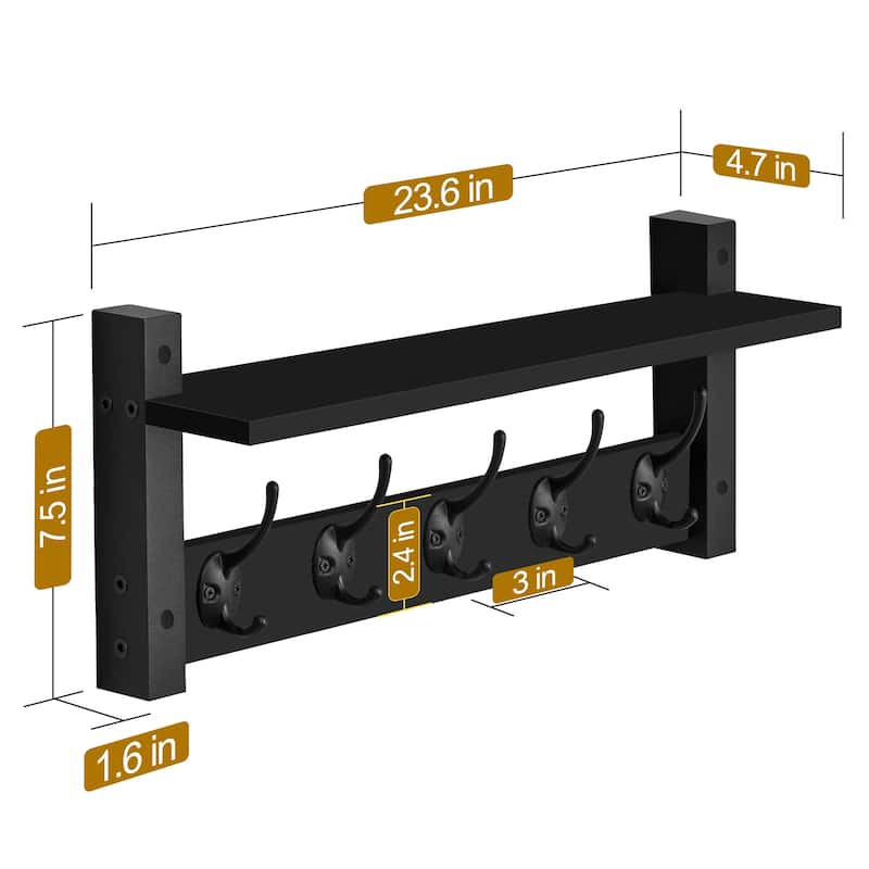 Sorbus Coat Hooks Wall Mount Floating Shelf with 5 Heavy Duty Hooks, Large and Extra Large