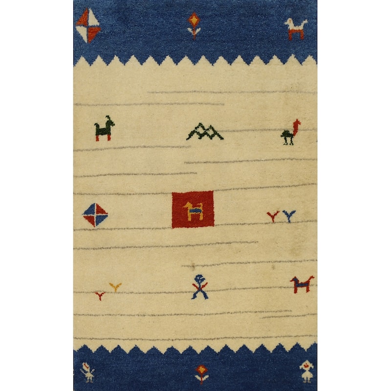 Hand Knotted Oriental 100% Wool Carpet Tribal Geometric Beige & Ivories Gabbeh Area Rug - 4' 2'' X 2' 10''