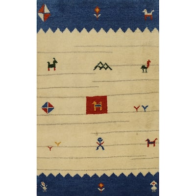 Hand Knotted Oriental 100% Wool Carpet Tribal Geometric Beige & Ivories Gabbeh Area Rug - 4' 2'' X 2' 10''