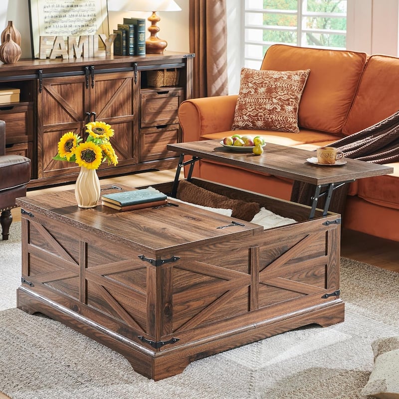 Farmhouse Lift Top Coffee Table with Storage, Wood Square Center Table - Brown
