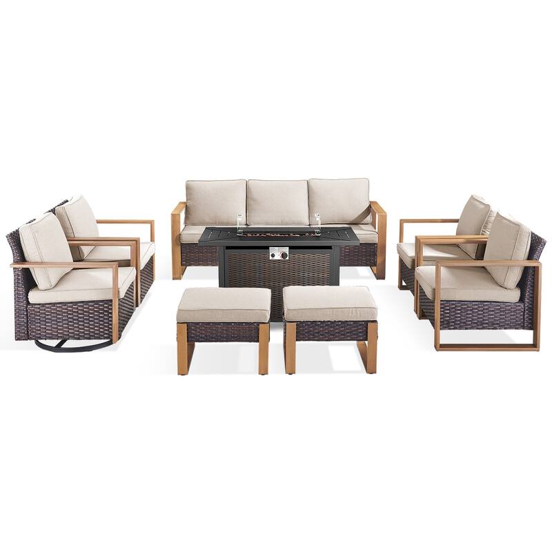 Meyreso Wicker Outdoor Patio Metal Fire Pit Set with Swivel Gliders and Olefin Cushions