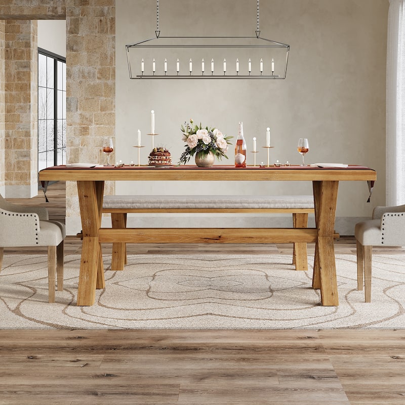 Solid Wood Dining Table for 4-6, Farmhouse Rectangle Kitchen Table with Large Tabletop