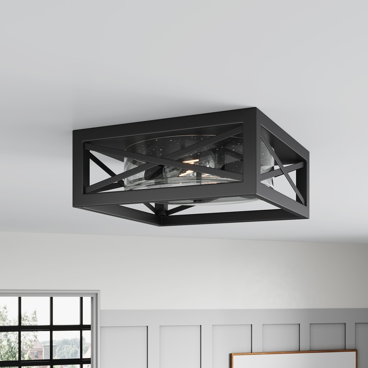 Farmhouse Black Square Metal Frame Flush Mount Ceiling Light with Glass Shade Interior