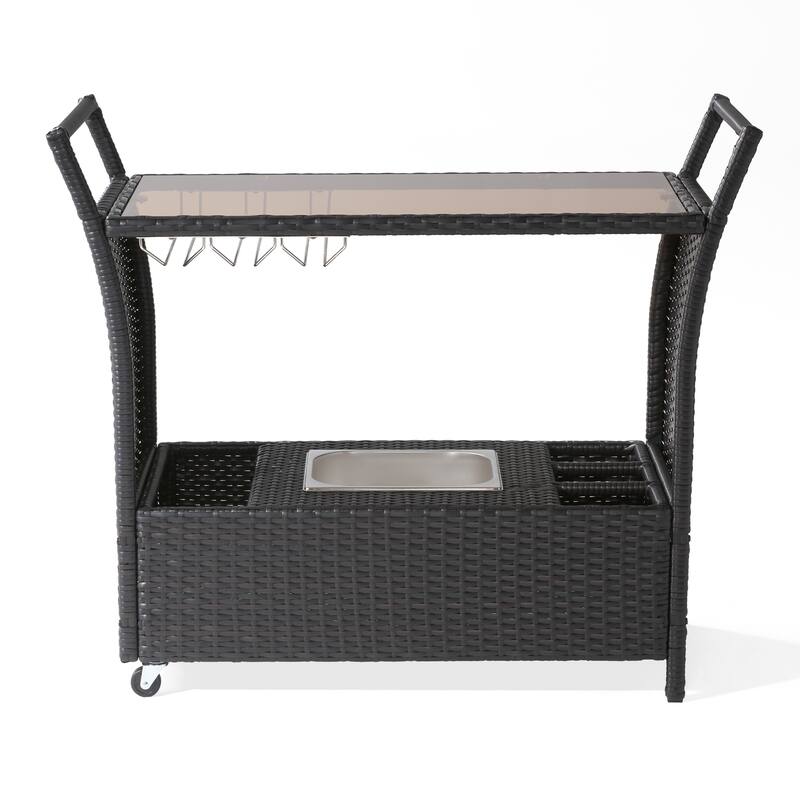Roomfitters Outdoor Bar Cart with Wine Rack, Glass Holder and Ice Bucket, Wicker Patio Serving Trolley