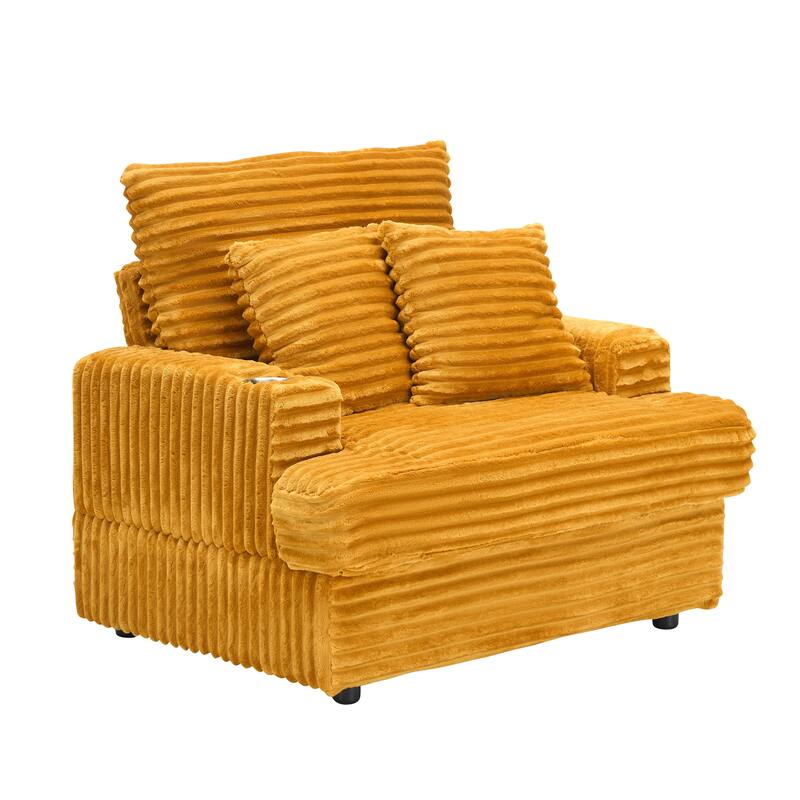 Corduroy Armchair Ottoman Set with Cup Holder, Spring Cushion and 2 Throw Pillows