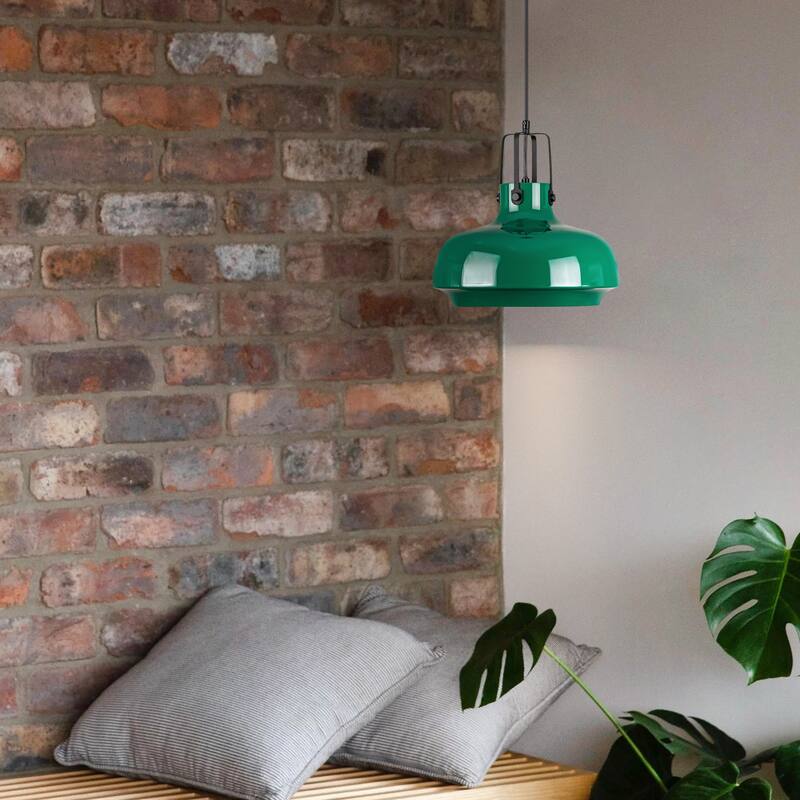 1-Light Farmhouse Industrial Green Dome Adjustable Pendant Hanging Light with Matte Black Hardware for Kitchen Island