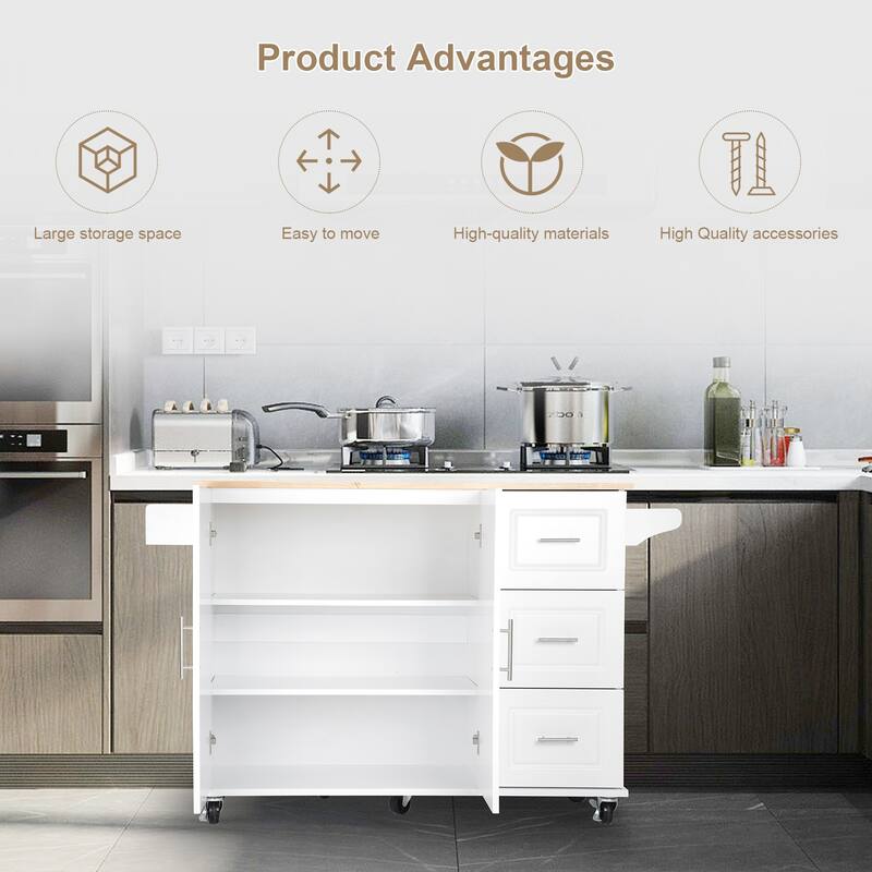 Kitchen Island Cart with Rubber Wood Table Top, 3 Spacious Drawers, Adjustable Cabinet Shelf & Movable Spice Rack