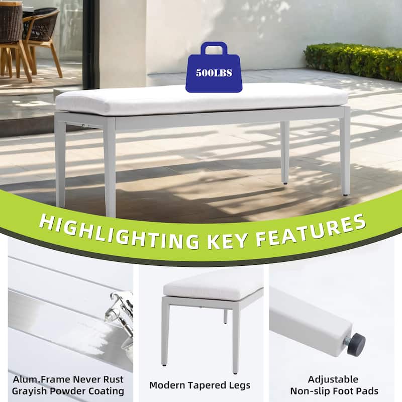 Grayish Outdoor Aluminum Stationary Bench with Sunbrella Cushion - 47.2" D x 17.9" W x 15.9" H
