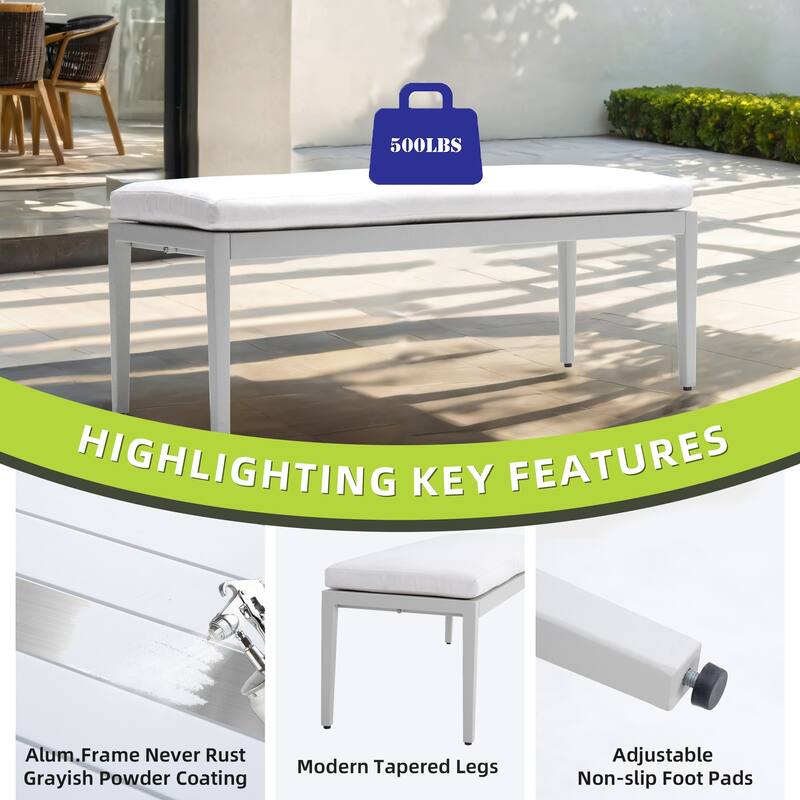 Outdoor Patio Aluminum Stationary Bench With Sunbrella Fabric Cushion