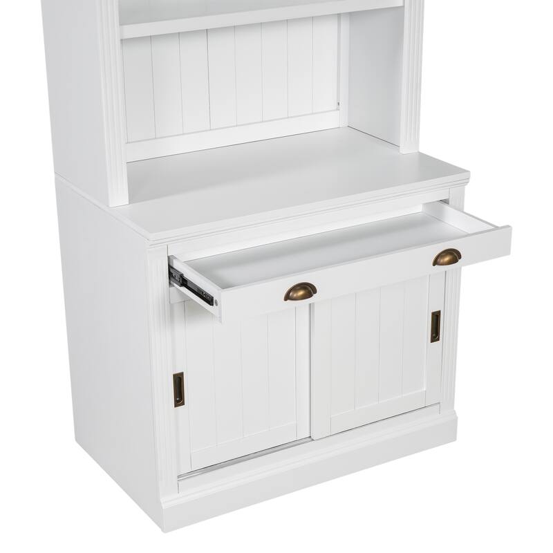 2-Piece Freestanding Bookcase Set, 83.4" Tall Storage Bookshelf with LED Lights, Sliding Doors, Drawer & Open Shelves
